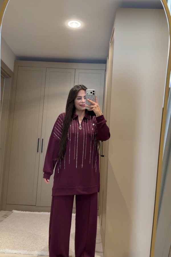 YARI FERMUARLI TAŞLI TAKIM BORDO  Bordo