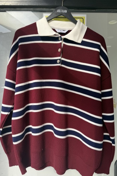 DÜĞMELİ ÇİZGİLİ KAZAK BORDO Bordo