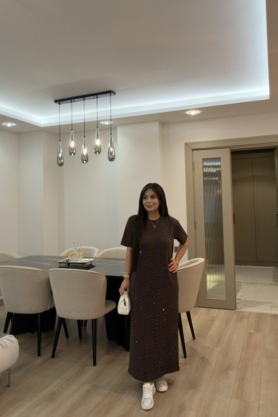 OYSHO TAŞLI ELBİSE KAHVERENGİ  Kahverengi