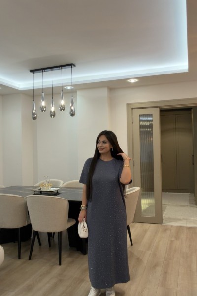 OYSHO TAŞLI ELBİSE GRİ  Gri