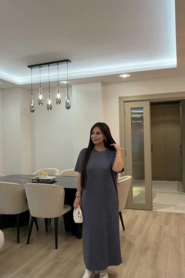 OYSHO TAŞLI ELBİSE GRİ  Gri