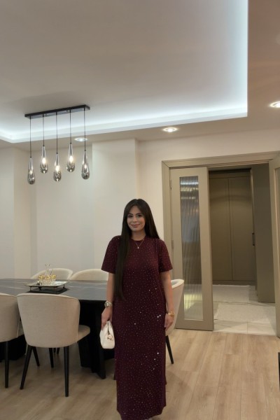 OYSHO TAŞLI ELBİSE BORDO  Bordo