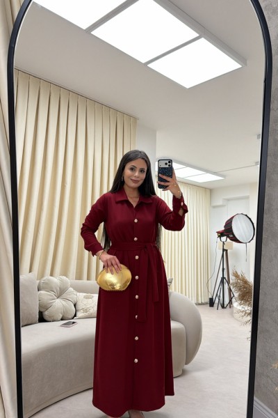 GOLD DÜĞMELİ KREP ELBİSE BORDO  Bordo