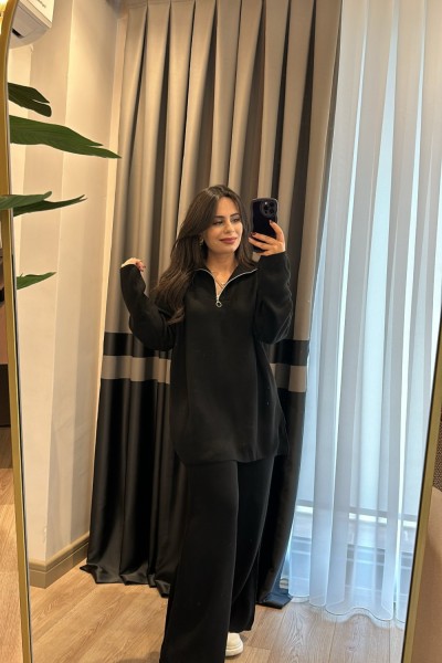 Fermuarlı Triko Takım Siyah Siyah