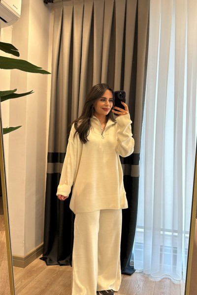 Fermuarlı Triko Takım Krem Krem