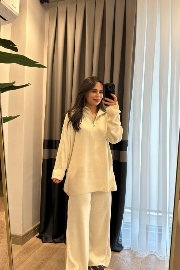 Fermuarlı Triko Takım Krem Krem