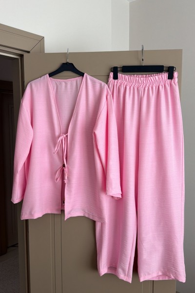 BAĞCIKLI KETEN TAKIM PUDRA PEMBE   Pudra
