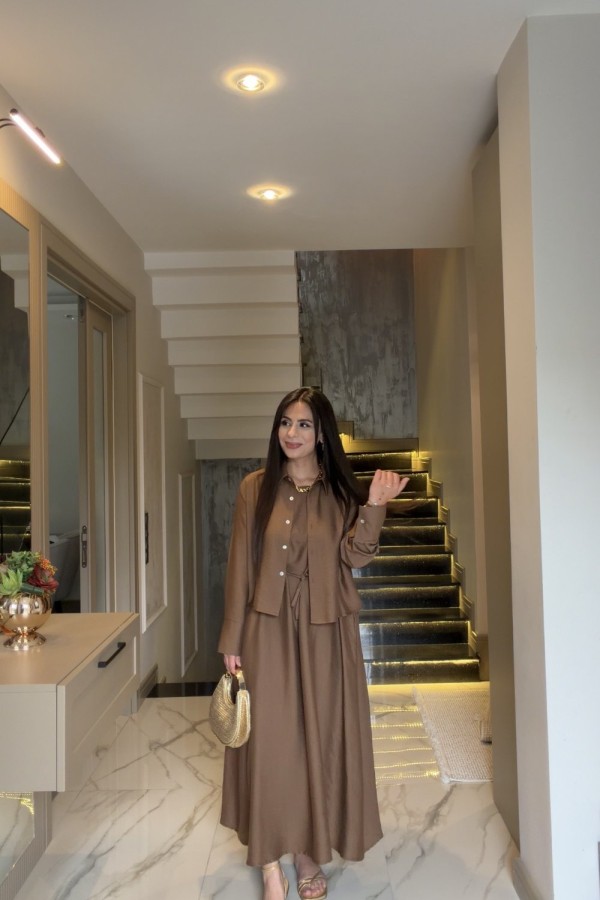 KETEN GÖMLEKLİ ELBİSE KAHVERENGİ  Kahverengi