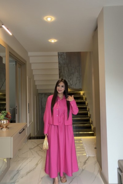 KETEN GÖMLEKLİ ELBİSE PEMBE  Pembe