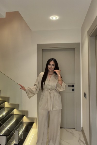 BİHTER TAŞLI TAKIM BEJ  Bej