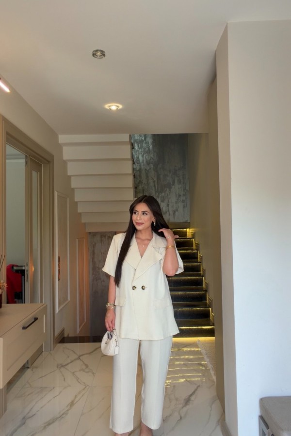 KISA KOL KETEN CEKETLİ TAKIM BEJ Bej