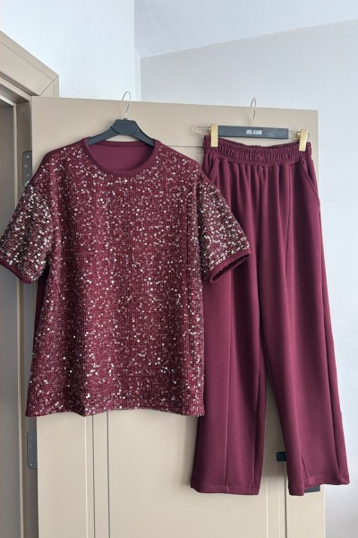 Oysho Payetli Takım Bordo  Bordo