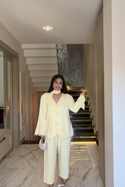 DANTELLİ BLAZER TAKIM SARI  Sarı