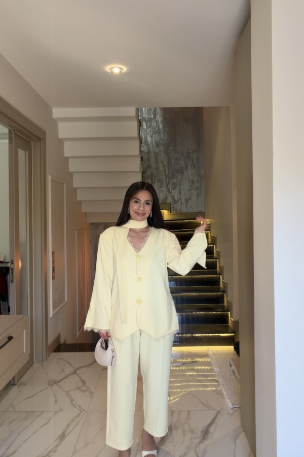 DANTELLİ BLAZER TAKIM SARI  Sarı