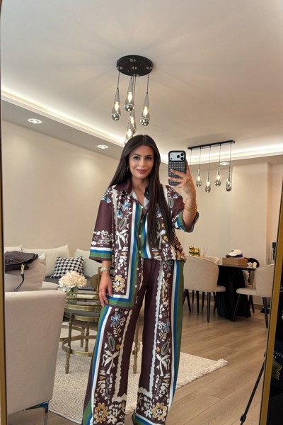 ETNİK DESEN İPEK SATEN TAKIM  Kahverengi Bej