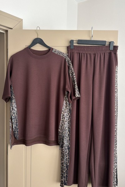 LEOPAR PAYETLİ TAKIM KAHVERENGİ  Kahverengi