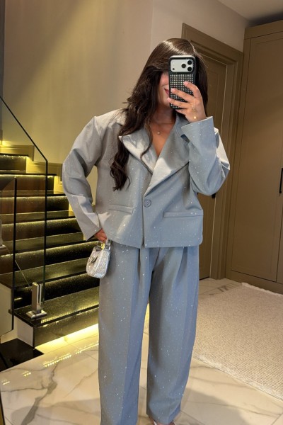 TAŞLI BLAZER CEKETLİ TAKIM GRİ (24 AĞUSTOS KARGO ÇIKIŞI) Açık Gri