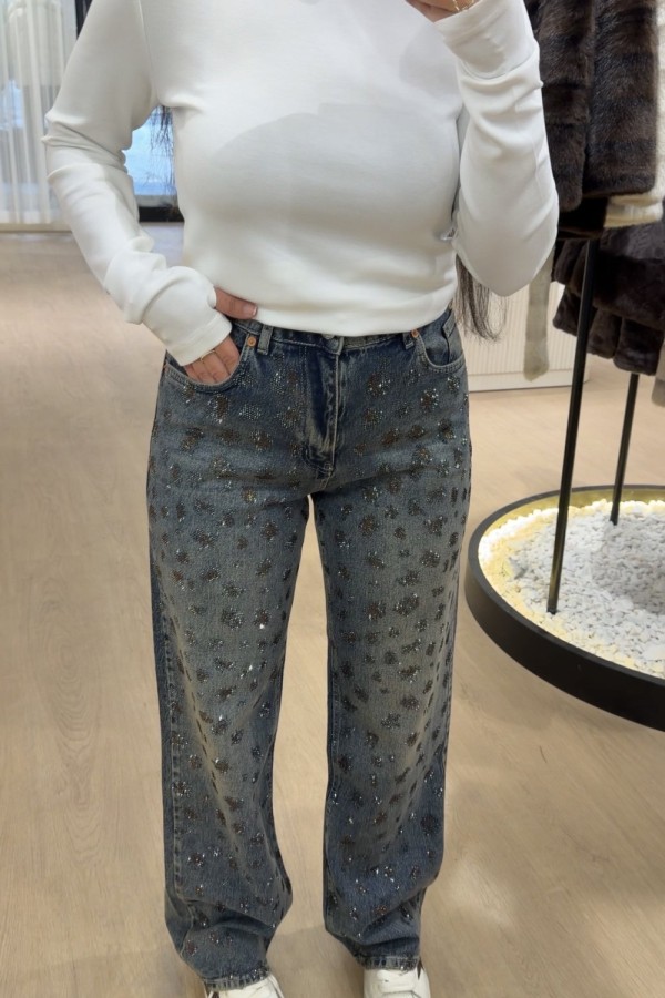 LEOPAR DETAYLI TAŞLI JEAN(HEMEN KARGO ÇIKIŞI) Mavi