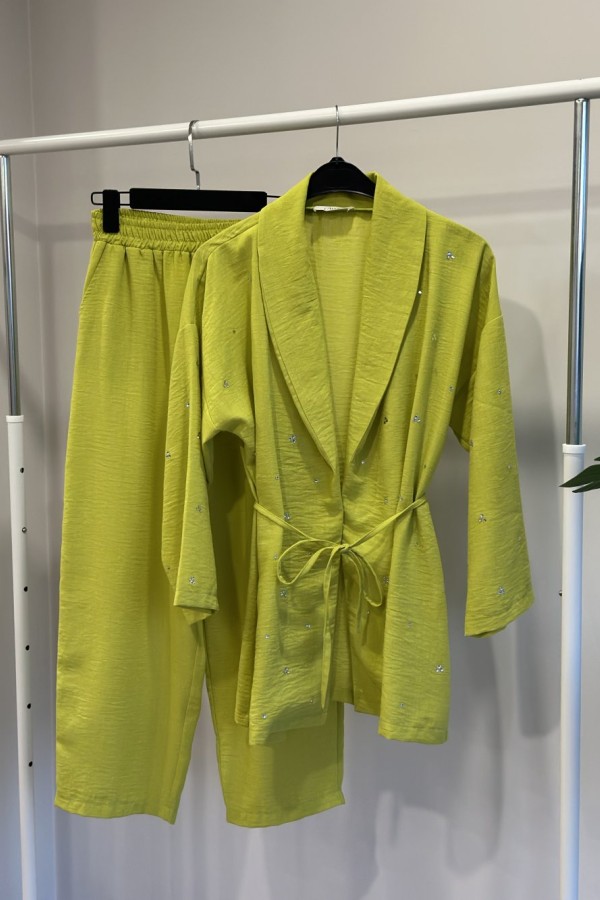 ZARA MODEL TAŞLI PAREO TAKIM YAĞ YEŞİLİ  Yağ Yeşili
