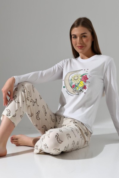 AY ÇİÇEK PİJAMA TAKIMI Beyaz