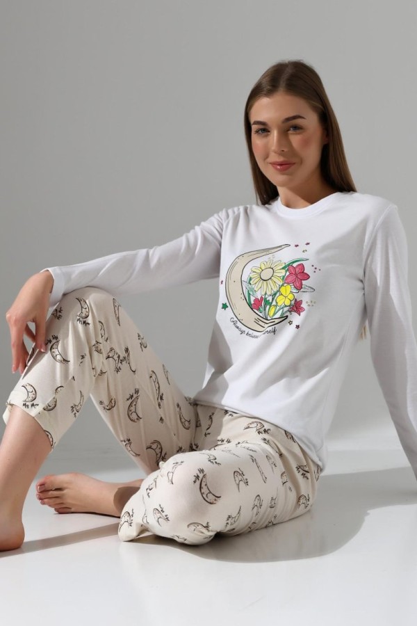 AY ÇİÇEK PİJAMA TAKIMI Beyaz