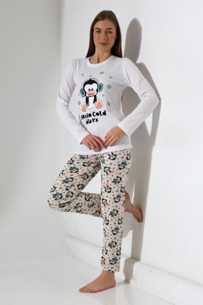 TATLI PENGUEN PİJAMA TAKIMI Kemik Pudra