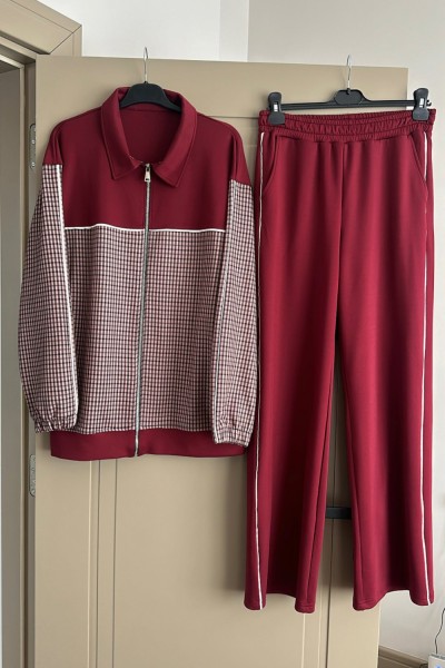 ZARA MODEL KARELİ TAKIM BORDO Bordo