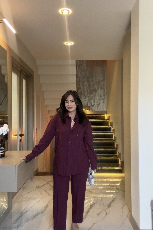 TAŞLI GÖMLEKLİ TAKIM BORDO  Bordo