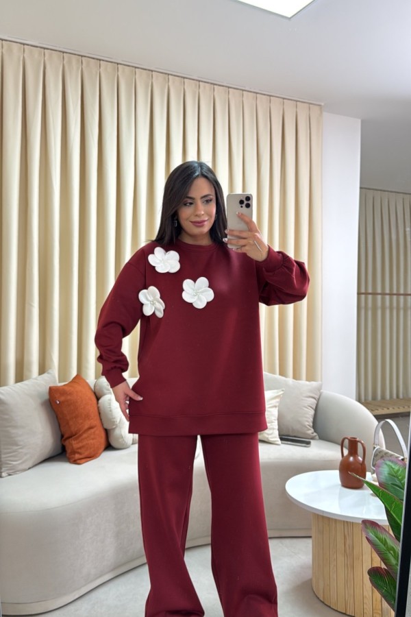 OYSHO ÇİÇEKLİ TAKIM BORDO Bordo