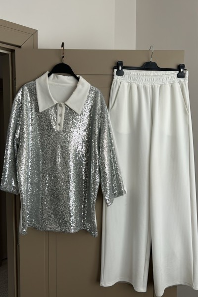 YAKALI PAYETLİ  TAKIM-BEYAZ  Beyaz