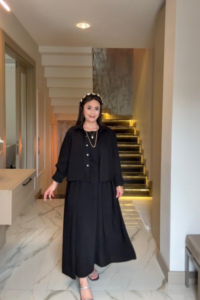 KETEN GÖMLEKLİ ELBİSE SİYAH  Siyah