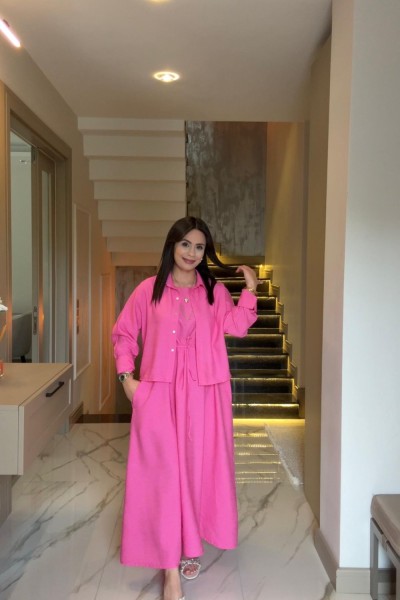 KETEN GÖMLEKLİ ELBİSE PEMBE  Pembe