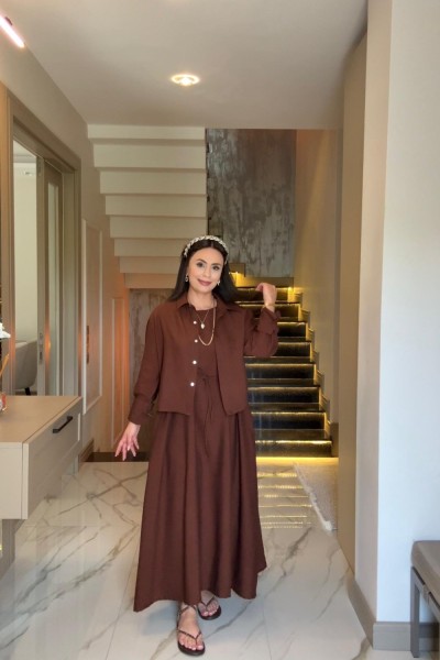 KETEN GÖMLEKLİ ELBİSE KAHVERENGİ  Kahverengi