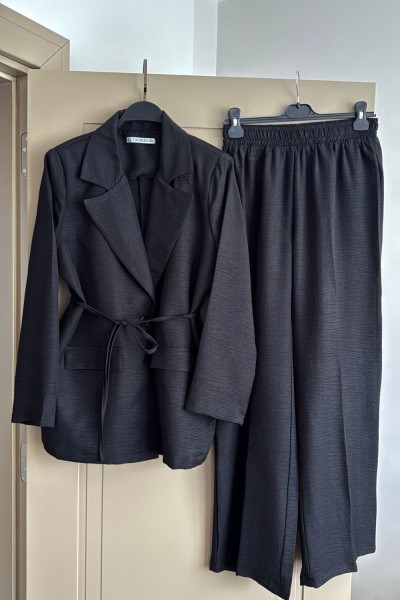 ASTARLI KETEN BLAZER TAKIM SİYAH  Siyah