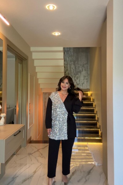 PAYETLİ KREP TAKIM SİYAH  Siyah