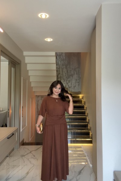 BEL DETAYLI ELBİSE KAHVERENGİ  Kahverengi