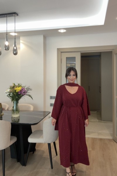 TAŞLI FULARLI ELBİSE BORDO Bordo
