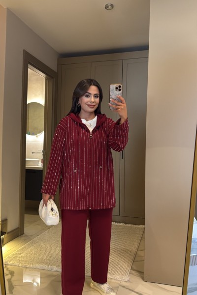 TAŞLI FERMUARLI TAKIM BORDO  Bordo