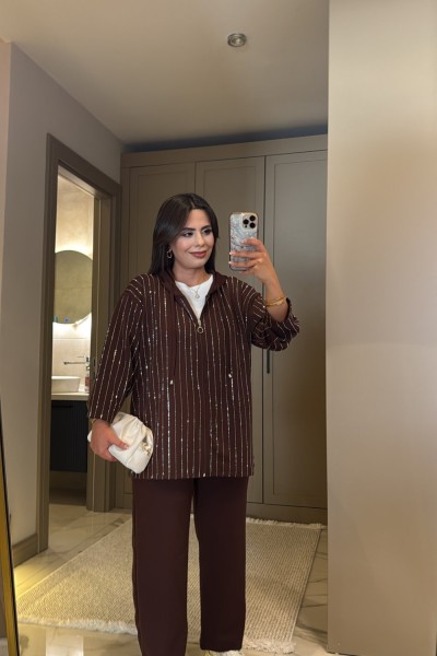 TAŞLI FERMUARLI TAKIM KAHVERENGİ Kahverengi