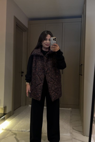 LEOPAR TAŞLI ŞİŞME YELEK  Leopar