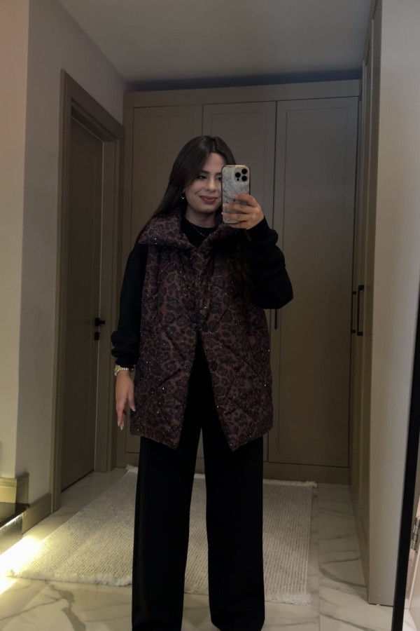 LEOPAR TAŞLI ŞİŞME YELEK  Leopar