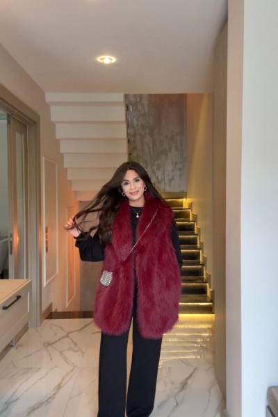 ASTARLI KÜRK YELEK BORDO  Bordo