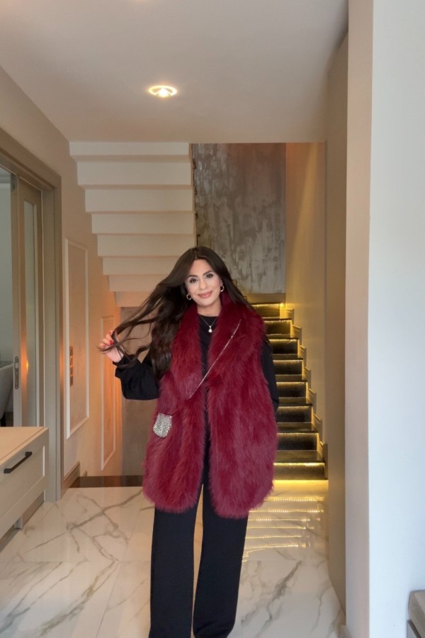 ASTARLI KÜRK YELEK BORDO  Bordo