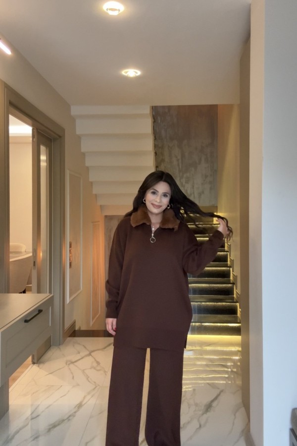 KÜRK YAKALI TRİKO TAKIM KAHVERENGİ Kahverengi
