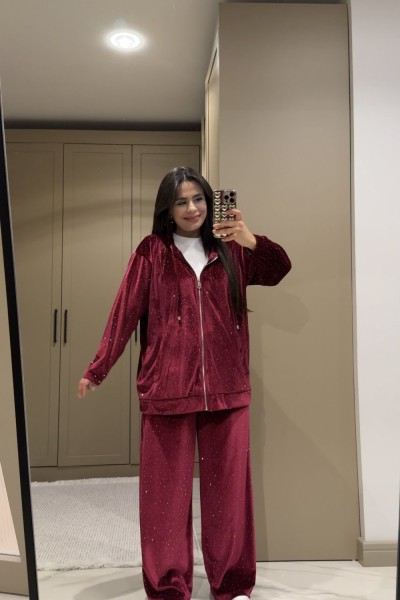 KADİFE TAŞLI TAKIM BORDO   Bordo