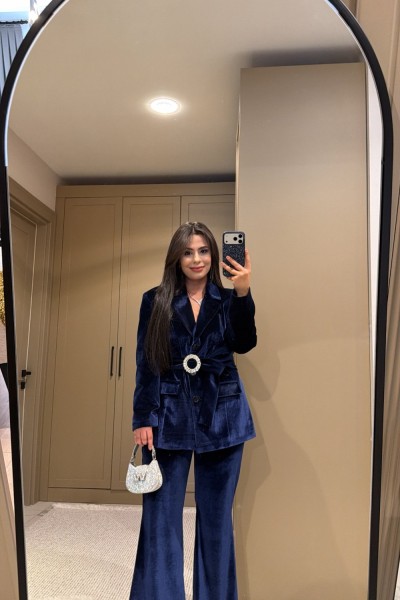 KEMERLİ ASTARLI KADİFE TAKIM LACİVERT Lacivert