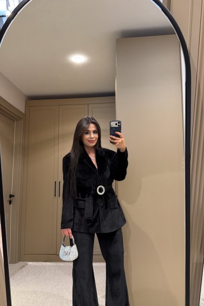 KEMERLİ ASTARLI KADİFE TAKIM SİYAH  Siyah