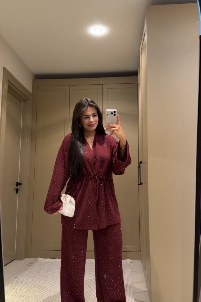 BÜŞRA OYSHO TAŞLI TAKIM BORDO  Bordo
