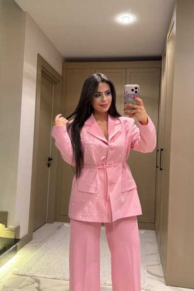 TAŞLI ASTARLI BLAZER TAKIM PEMBE  Pembe