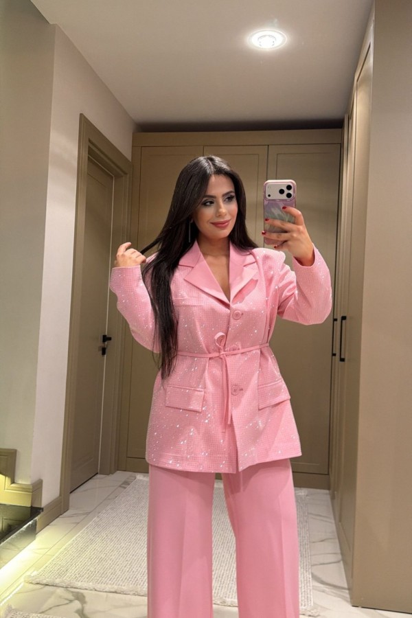 TAŞLI ASTARLI BLAZER TAKIM PEMBE  Pembe
